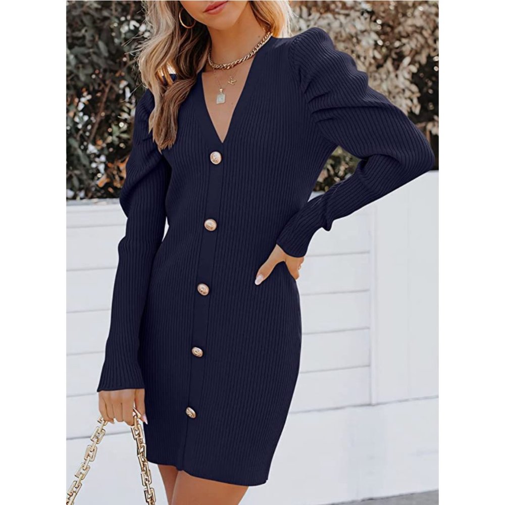 Navy Blue Ribbed Knit Button V-Neck Long Sleeve Bodycon Mini Sweater Dress - Picture 1 of 7